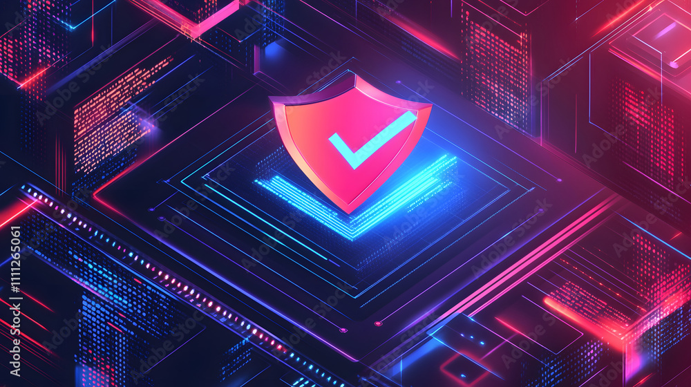 Poster a futuristic cyber security illustration featuring a digital shield with a check mark, surrounded by