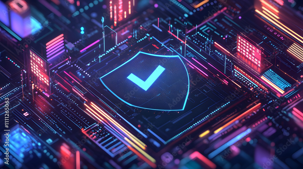 Aufkleber a futuristic cyber security illustration featuring a digital shield with a check mark, surrounded by