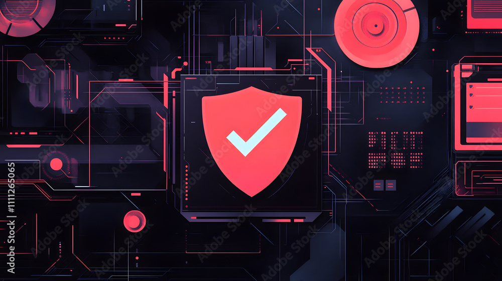 Poster a futuristic cyber security illustration featuring a digital shield with a check mark, surrounded by
