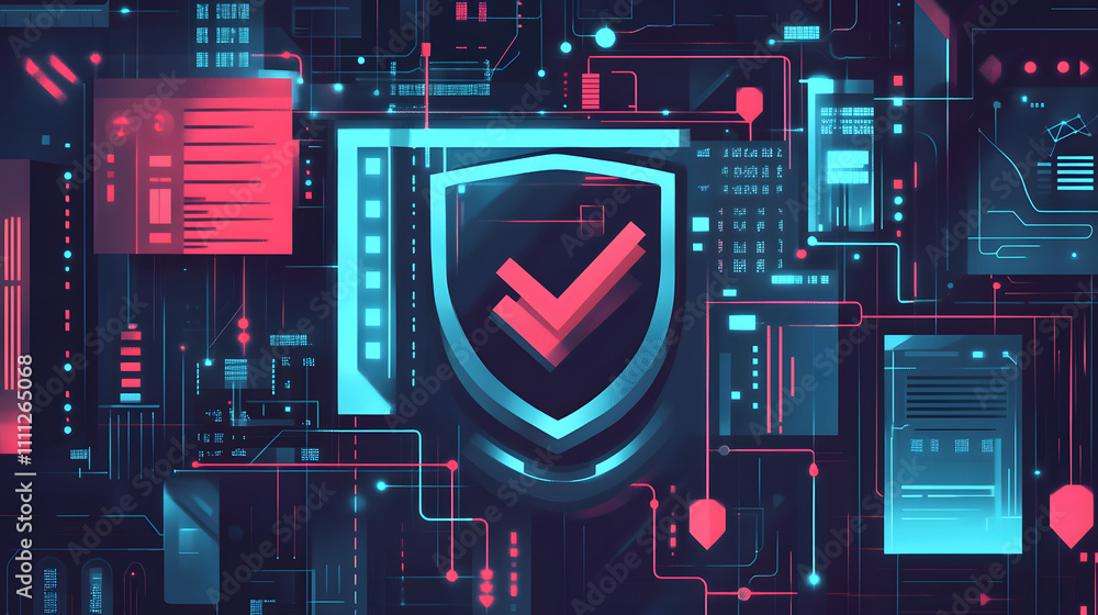 Poster a futuristic cyber security illustration featuring a digital shield with a check mark, surrounded by