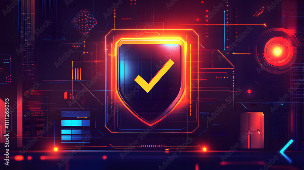 Poster a futuristic cyber security illustration featuring a digital shield with a check mark, surrounded by
