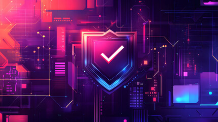 A futuristic cyber security illustration featuring a digital shield with a check mark, surrounded by code and interface elements. Perfect for representing online security, data protection, and tech.

