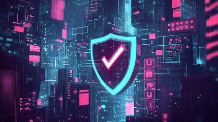 A futuristic cyber security illustration featuring a digital shield with a check mark, surrounded by code and interface elements. Perfect for representing online security, data protection, and tech.


