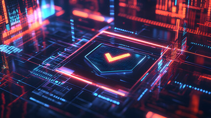 A futuristic cyber security illustration featuring a digital shield with a check mark, surrounded by code and interface elements. Perfect for representing online security, data protection, and tech.

