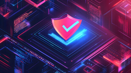 Fototapeta premium A futuristic cyber security illustration featuring a digital shield with a check mark, surrounded by code and interface elements. Perfect for representing online security, data protection, and tech.