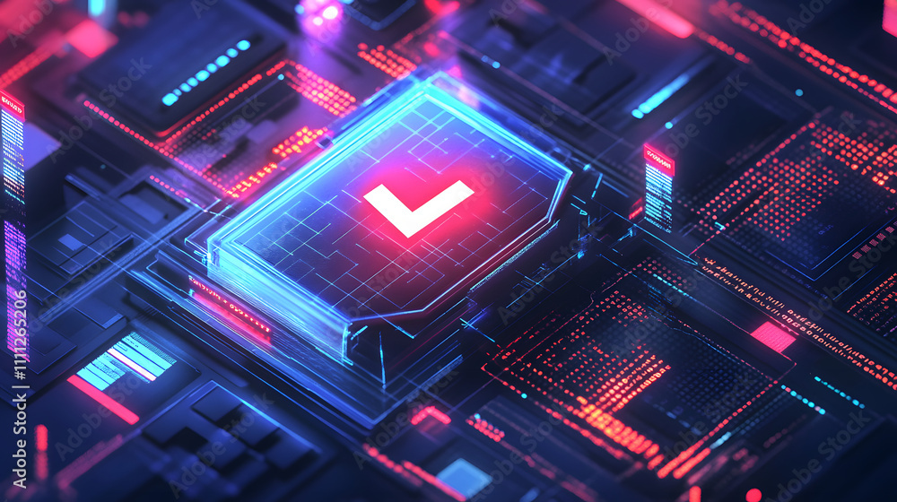 Aufkleber a futuristic cyber security illustration featuring a digital shield with a check mark, surrounded by
