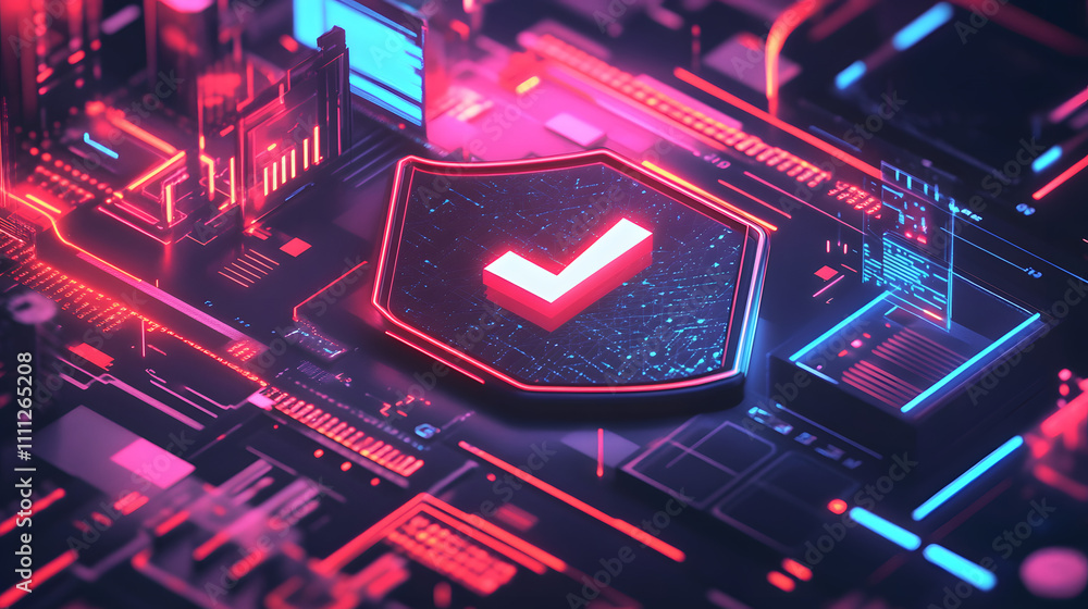 Aufkleber a futuristic cyber security illustration featuring a digital shield with a check mark, surrounded by