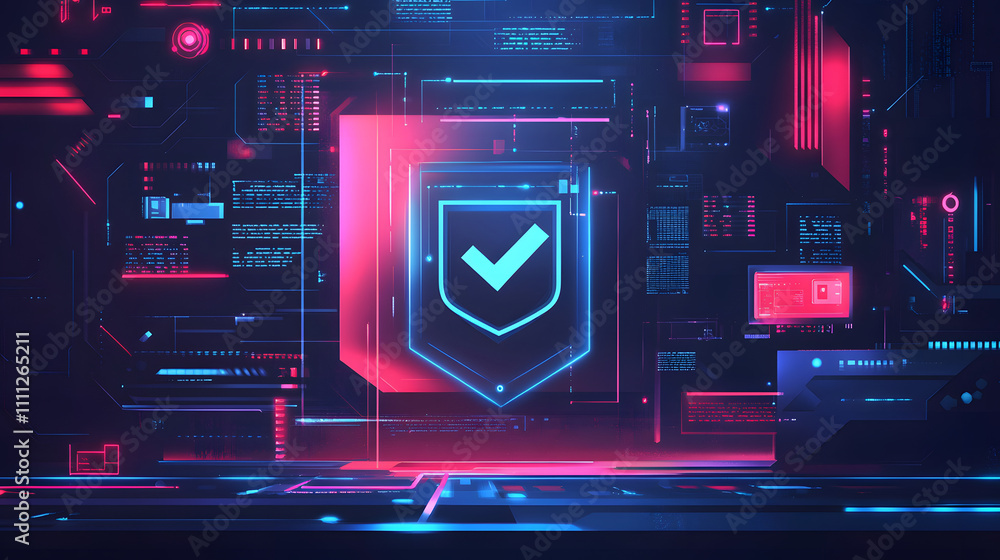 Poster a futuristic cyber security illustration featuring a digital shield with a check mark, surrounded by