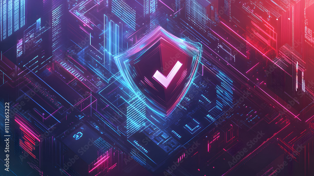 Poster a futuristic cyber security illustration featuring a digital shield with a check mark, surrounded by