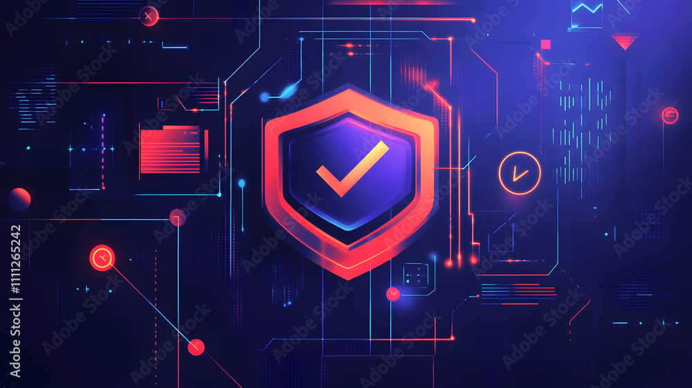 Poster a futuristic cyber security illustration featuring a digital shield with a check mark, surrounded by