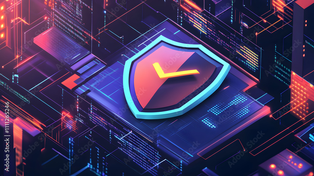 Poster a futuristic cyber security illustration featuring a digital shield with a check mark, surrounded by