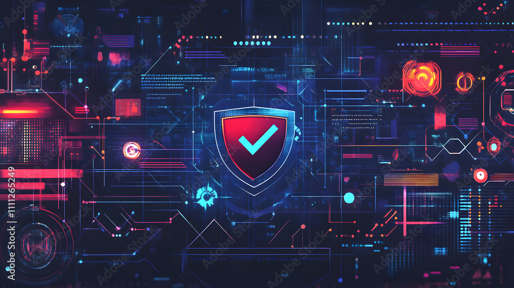 Poster a futuristic cyber security illustration featuring a digital shield with a check mark, surrounded by