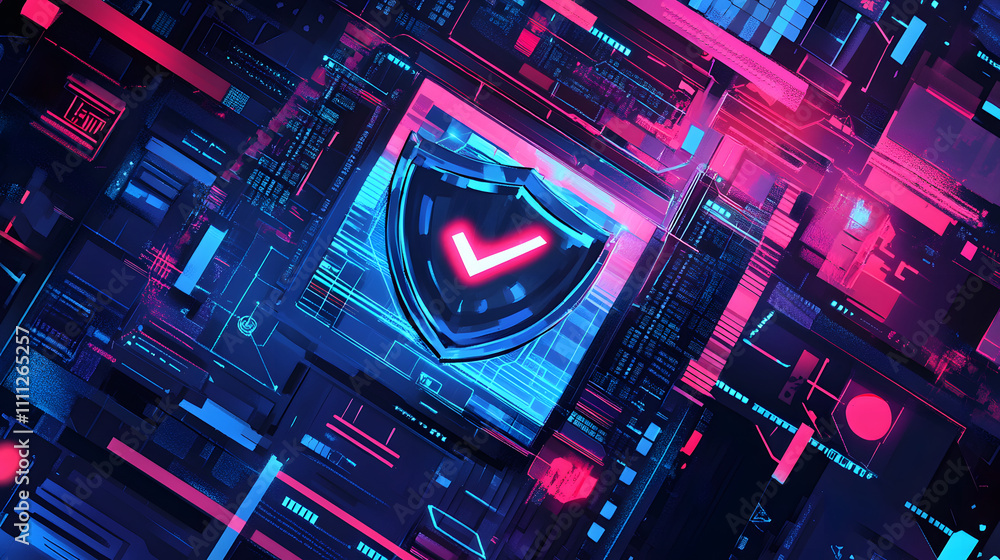 Aufkleber a futuristic cyber security illustration featuring a digital shield with a check mark, surrounded by