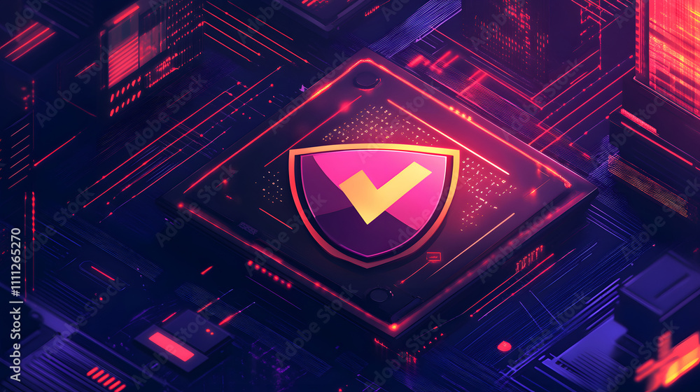 Aufkleber a futuristic cyber security illustration featuring a digital shield with a check mark, surrounded by