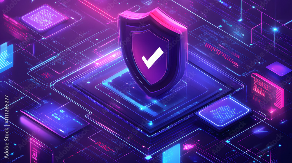 Aufkleber a futuristic cyber security illustration featuring a digital shield with a check mark, surrounded by