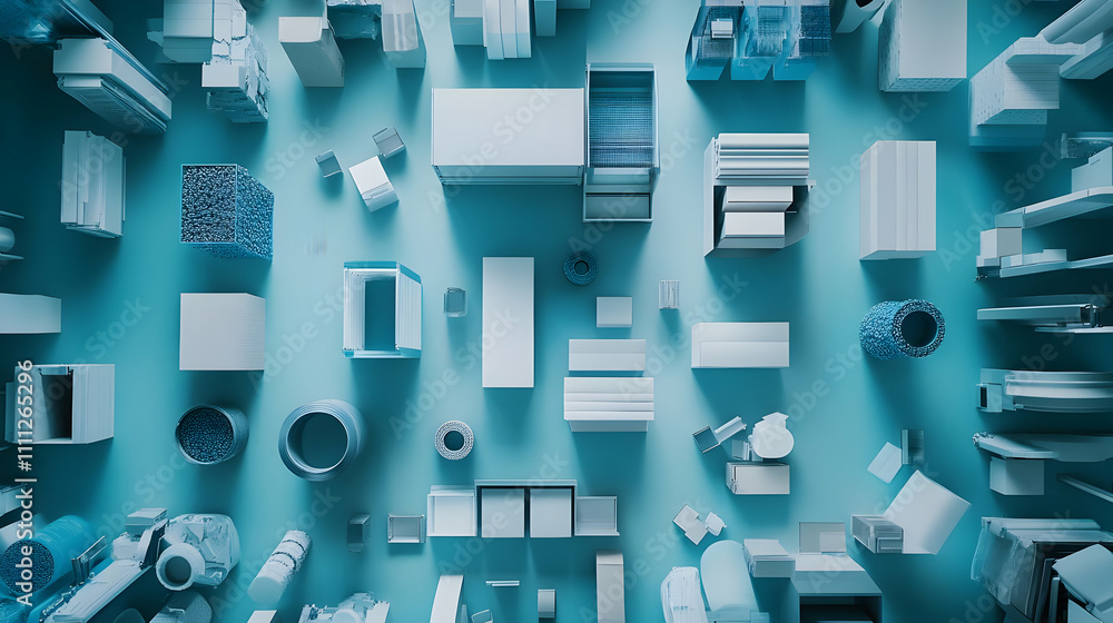Poster aerial view of various geometric shapes in a blue and white color scheme.