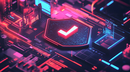 A futuristic cyber security illustration featuring a digital shield with a check mark, surrounded by code and interface elements. Perfect for representing online security, data protection, and tech.

