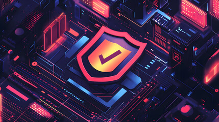 A futuristic cyber security illustration featuring a digital shield with a check mark, surrounded by code and interface elements. Perfect for representing online security, data protection, and tech.

