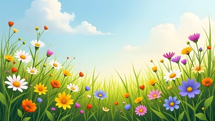 Obraz premium A vibrant and colorful field of flowers set against a bright blue sky background