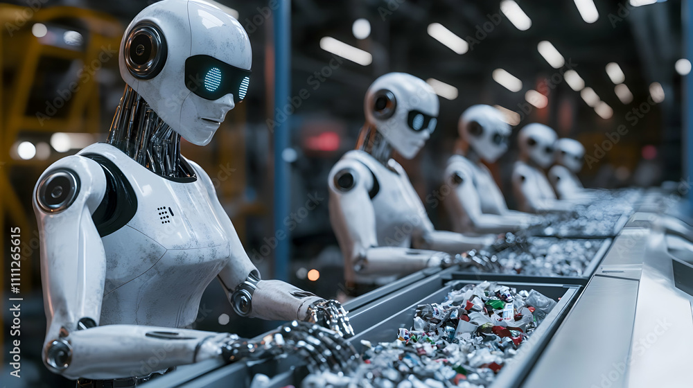 Poster robots sorting materials on a conveyor belt in an industrial setting.