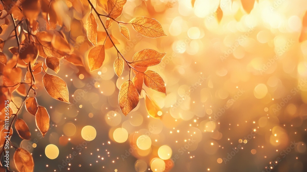Poster autumn leaves with warm sunlight filtering through, creating a magical bokeh effect in a serene outd