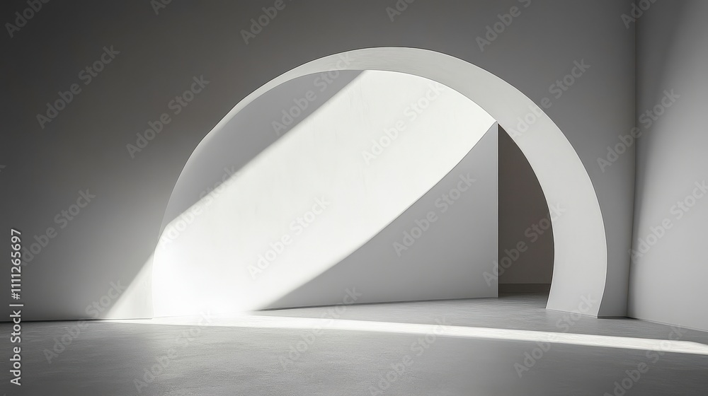 Poster minimalistic interior design featuring light and shadow play in an archway with clean lines and a se