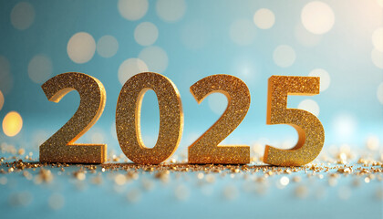 Golden number 2025 for new years eve surrounded by colorful sprinkles on blue background