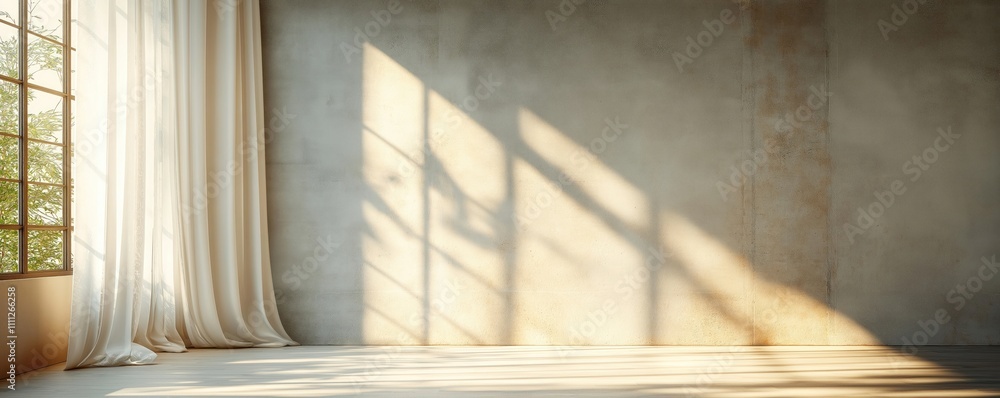 Poster sunlight streams through minimalist curtains creating geometric shadows on light beige concrete wall