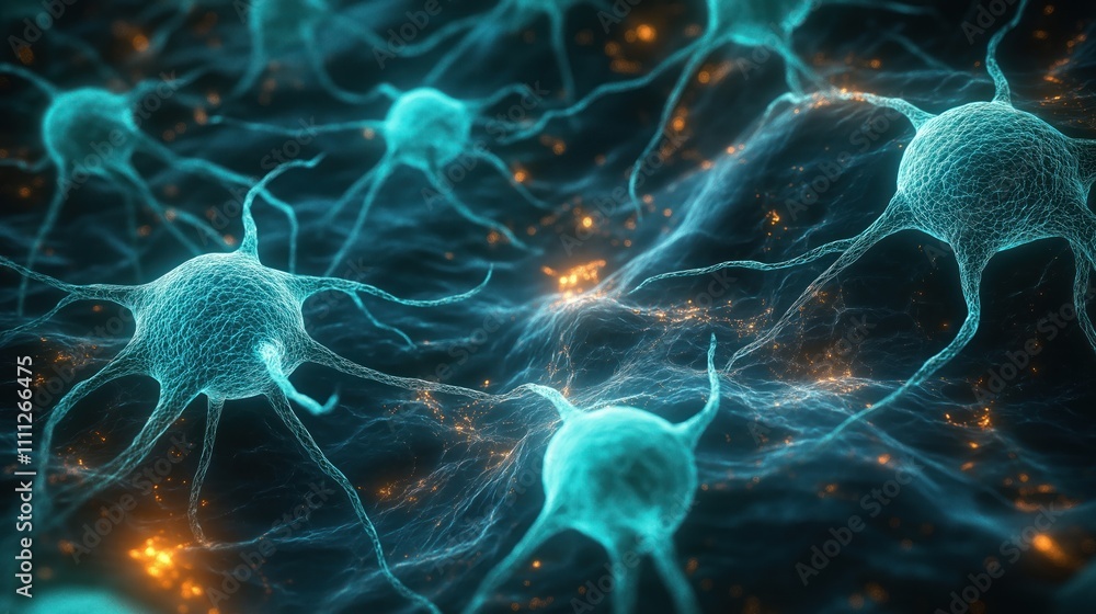 Aufkleber Conceptual image of neuron cells. Close-up view. Complex network of interconnected cells. Neural pathways, signals represented visually. Ideal for medical scientific publications. Focus on intricate