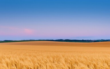 Obraz premium Golden wheat field landscape with blue and pink sunset sky, concept for agriculture, rural scenery and natural beauty