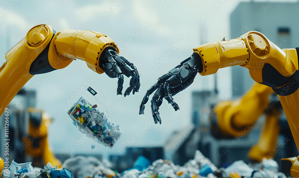 Poster robotic arms sorting waste in a recycling facility, emphasizing automation in waste management.