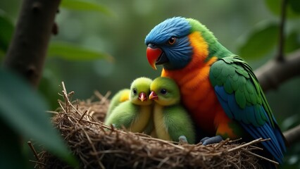 Naklejka premium A mother parrot caring for her chicks in a lush, tropical setting, showcasing their strong bond.