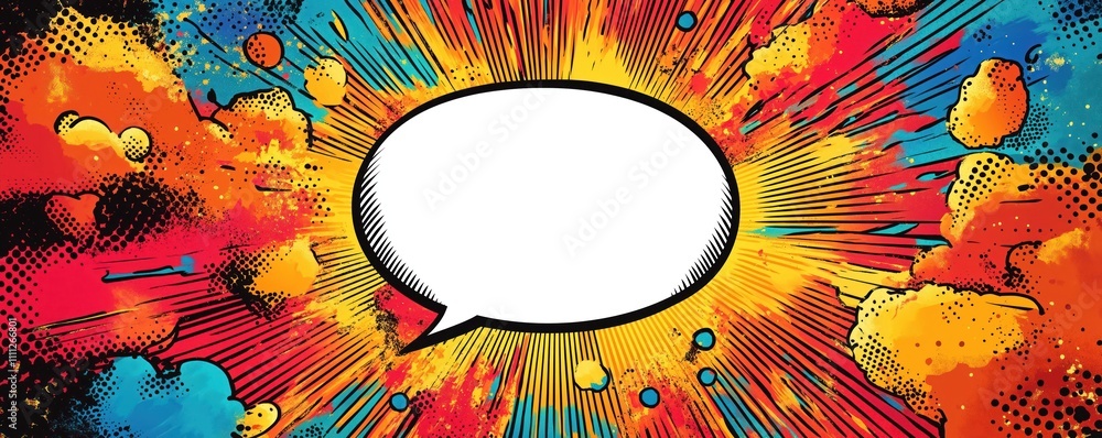 Poster Colorful comic explosion design. Blank speech bubble in middle. Dynamic pop art elements. Suitable for posters comics. Use for print web design projects. Great for creative tech-themed backgrounds