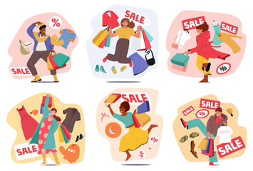 Crazy people shopaholic cartoon characters rejoicing great sale discounts for purchases scene set