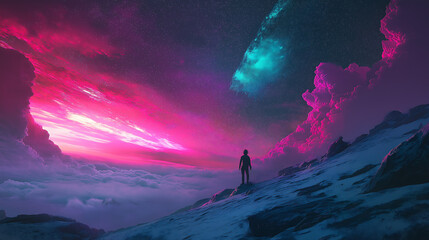 Fototapeta premium Sci-Fi Human Looks at Starry Sky