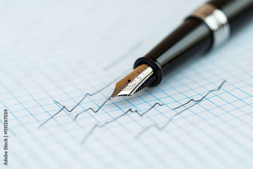 Aufkleber pen write paper chart concept. fountain pen writing on graph paper with a fluctuating line pattern.
