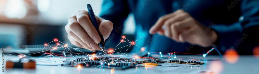 Poster troubleshooting concepts for industrial electricians. hands working on a project with wires and colo
