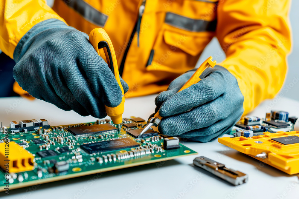 Poster troubleshooting concepts for industrial electricians. technician repairing a circuit board with tool