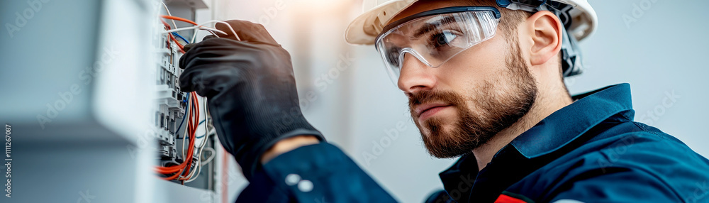 Poster troubleshooting concepts for industrial electricians. electrician working on a circuit panel with sa
