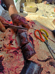 Cutting fish on the table. Fish market. A man cleans the entrails and cuts a catfish into pieces. Day. Autumn. Egypt.