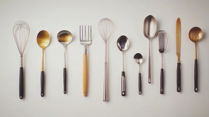 A flat lay of kitchen utensils—spatulas, whisks, and spoons—on a clean white background for culinary inspiration. Generative AI