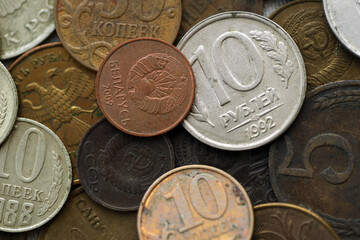 Naklejka premium Big pile of different coins from various time period in Russia and Soviet Union. Old and dirty russian money