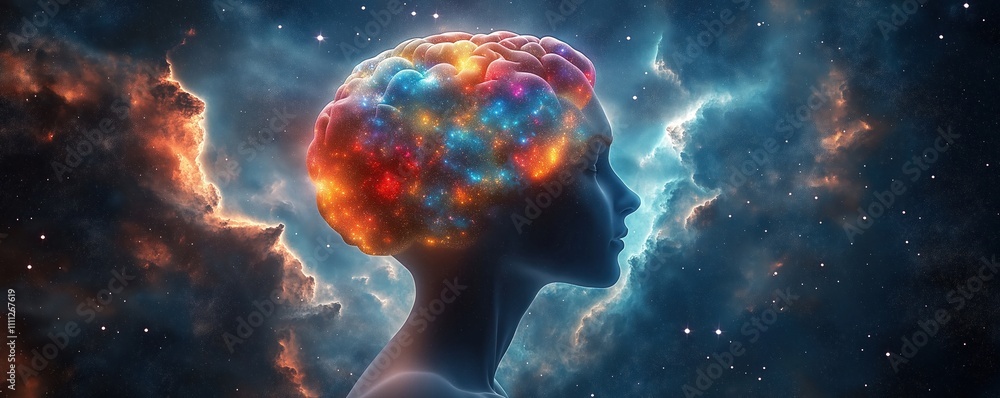 Aufkleber AI-driven content creation. A person head shows creative brain activity. Cosmos-like environment. Visualizes futuristic social media content. AI innovation in media. Digital art style.
