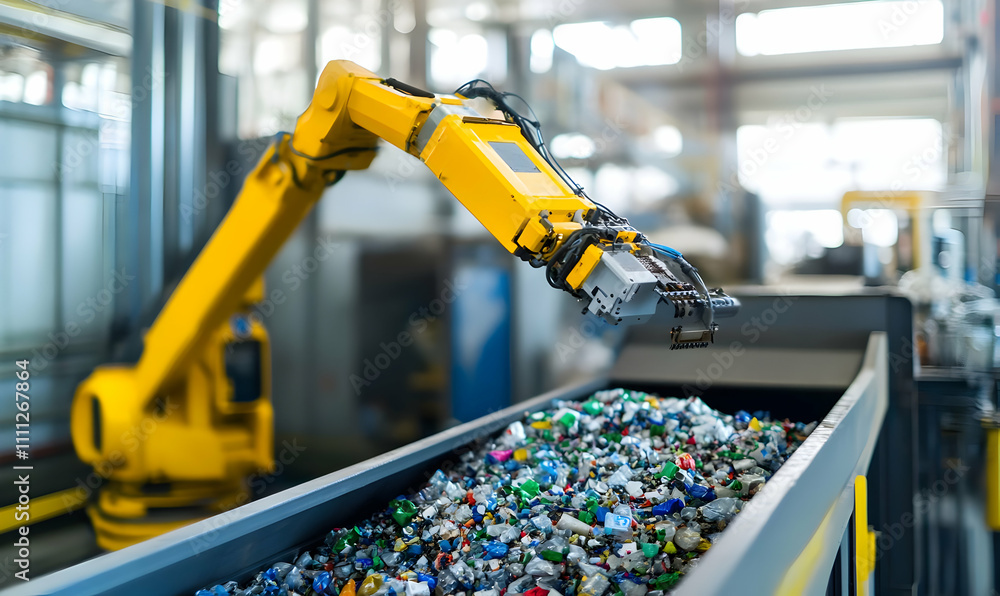 Poster robotic arm sorting recyclable materials in a processing facility.