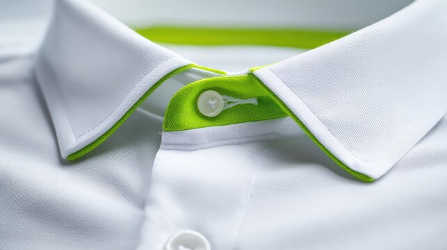 Close-Up View of White Shirt Collar with Green Accent in Focus