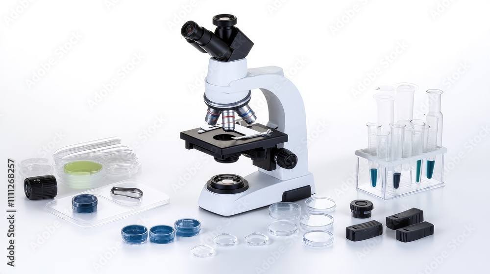 Poster laboratory microscope with glass slides and test tubes on table