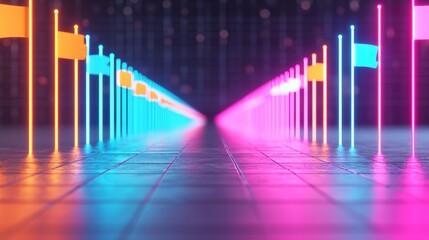 milestones achievement process Glowing Infographic Timeline with Colorful Flags Illuminating Milestones in a Futuristic Digital Environment