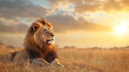 Majestic lion standing at sunset in the African savanna with golden light. Wildlife photography...