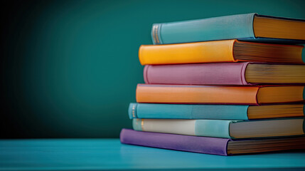 Fototapeta premium Colorful books stacked on teal desk. Education, literature theme. Great for study library image. Books various colors. Good image for educational resources bookshop scenes. Ideal for back to school