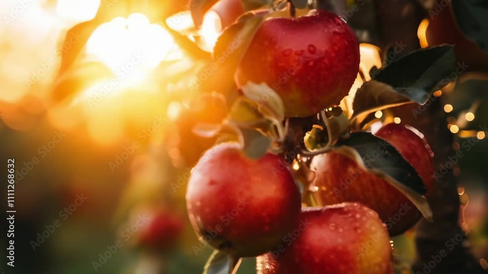 Poster Ripe red apples with water drops are hanging from a tree branch in an orchard at sunset, creating a warm and inviting autumnal scene